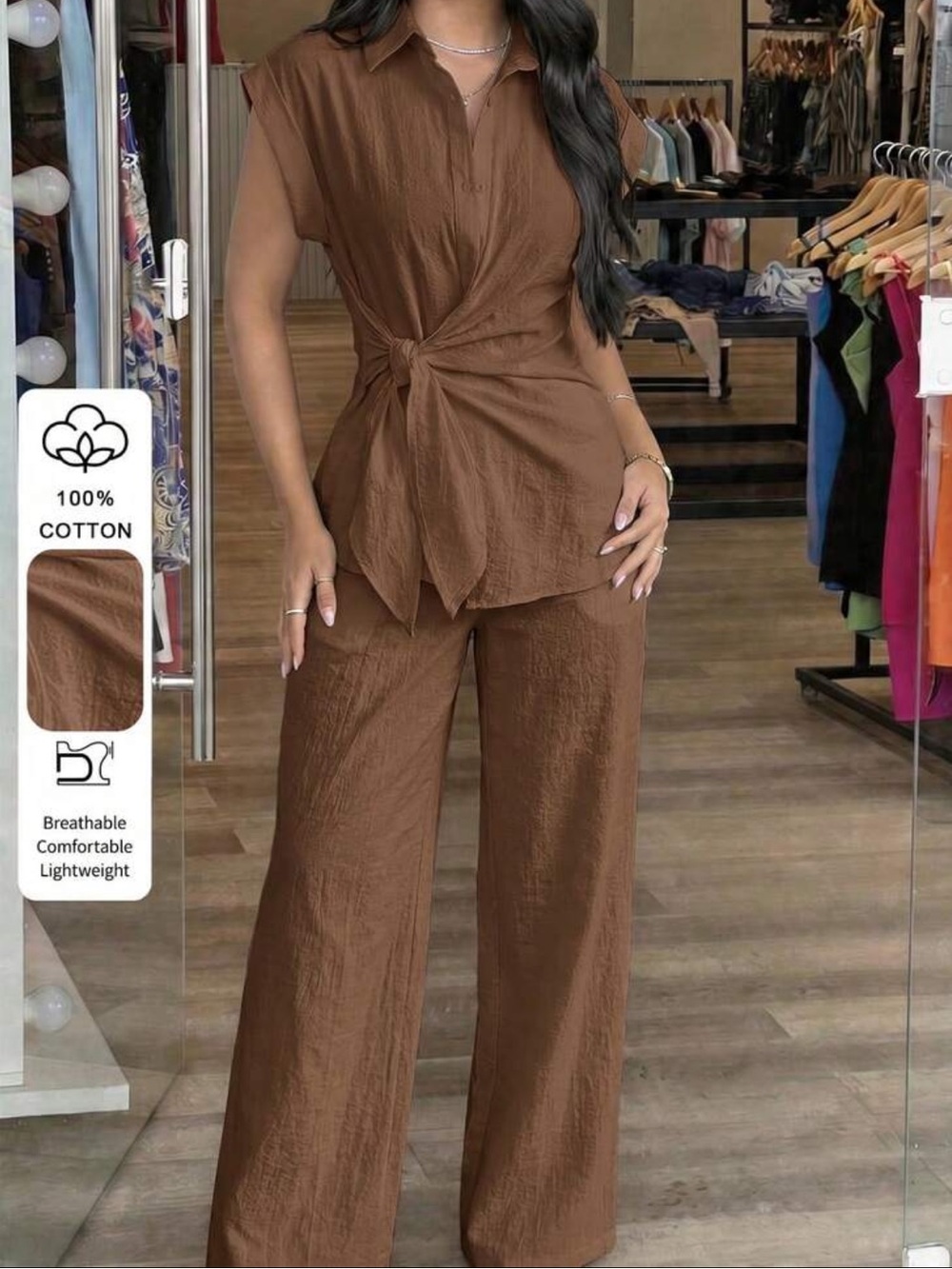 100% cotton rust Brown Tie-Waist matching 2 piece SET Pants & Tie side shirt